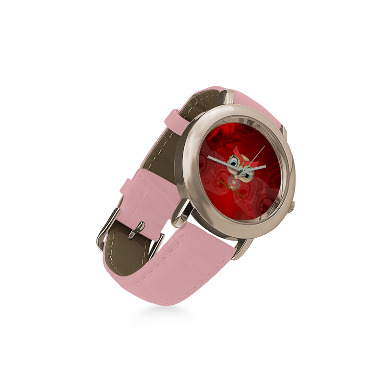 Cute owl, mandala design colorful Women's Rose Gold Leather Strap Watch(Model 201)
