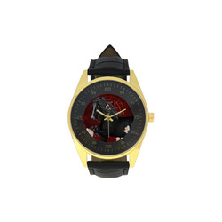 Black horse with flowers Men's Golden Leather Strap Watch(Model 210)