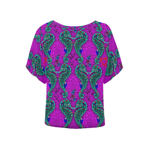 Seahorse love - purple Women's Batwing-Sleeved Blouse T shirt (Model T44)