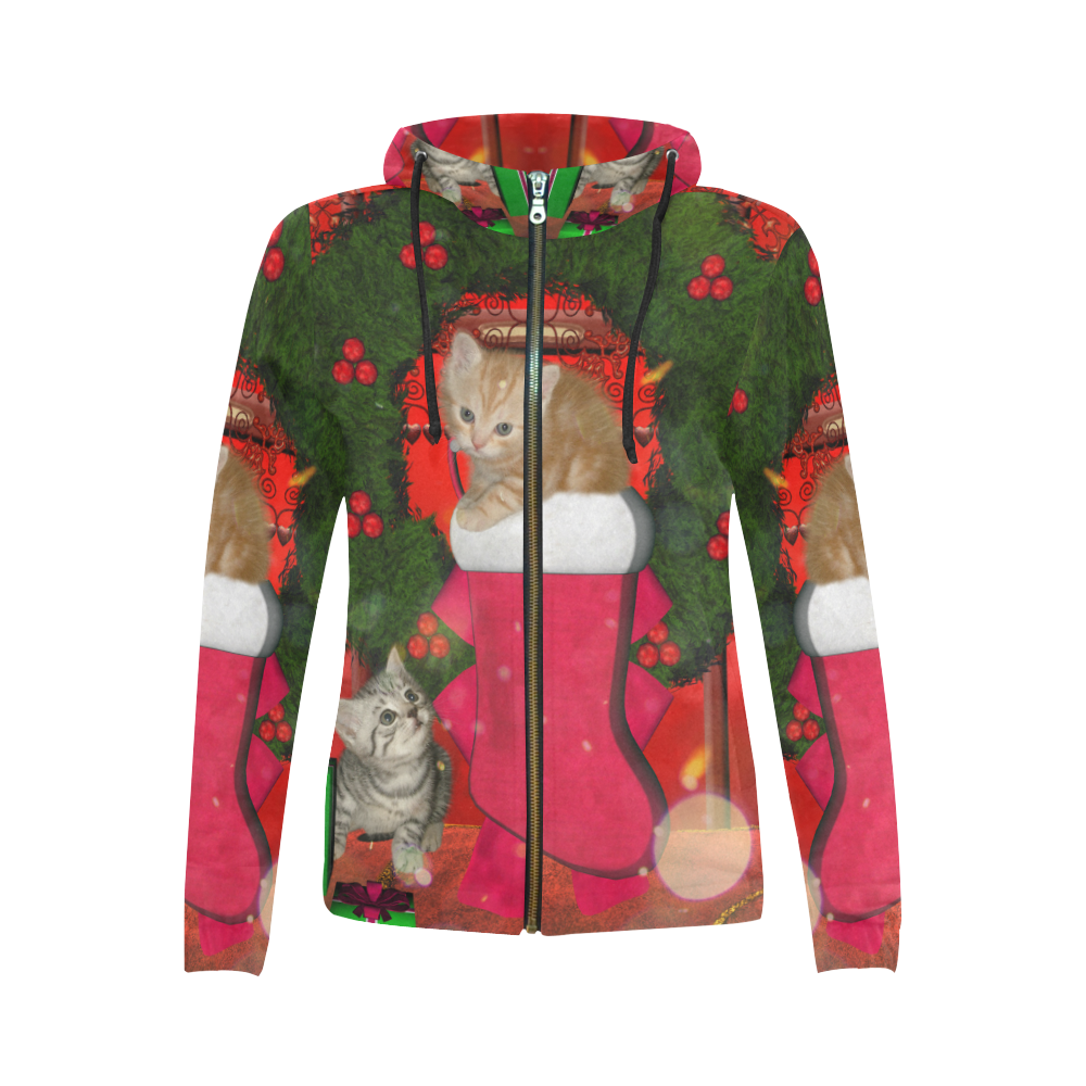 Christmas, funny kitten with gifts All Over Print Full Zip Hoodie for Women (Model H14)