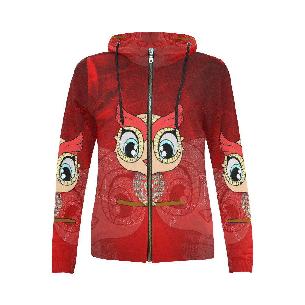 Cute owl, mandala design colorful All Over Print Full Zip Hoodie for Women (Model H14)