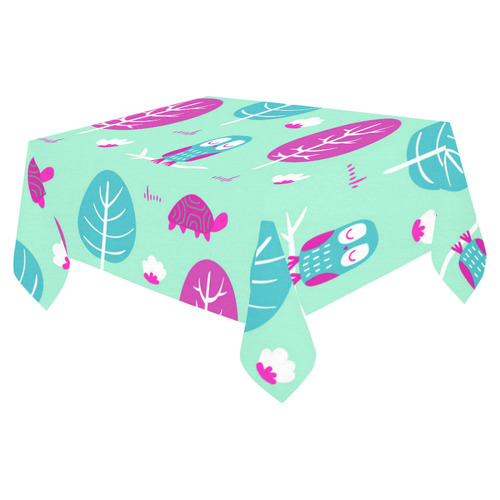 Pink Aqua Cute Owl Turtle Tree Cotton Linen Tablecloth 52"x 70"