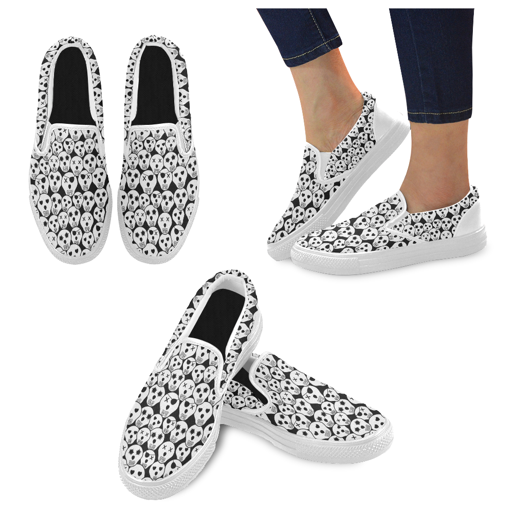 Silly Skull Halloween Design Women's Unusual Slip-on Canvas Shoes (Model 019)