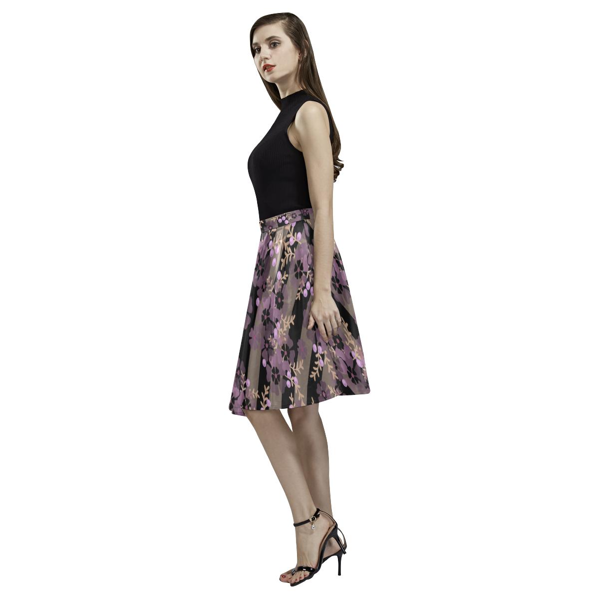 Floral striped brown violet Melete Pleated Midi Skirt (Model D15)