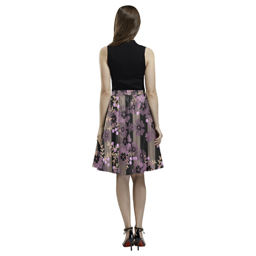 Floral striped brown violet Melete Pleated Midi Skirt (Model D15)