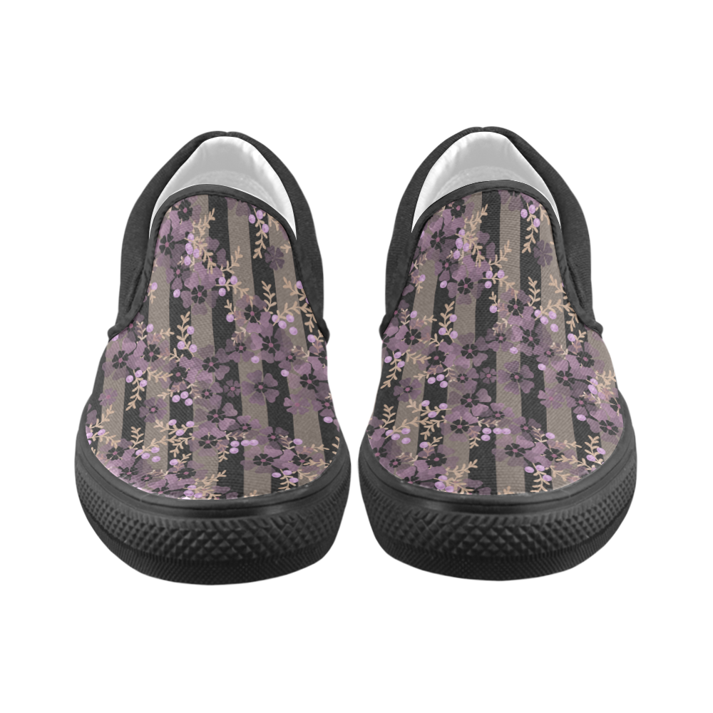 Floral striped brown violet Men's Unusual Slip-on Canvas Shoes (Model 019)