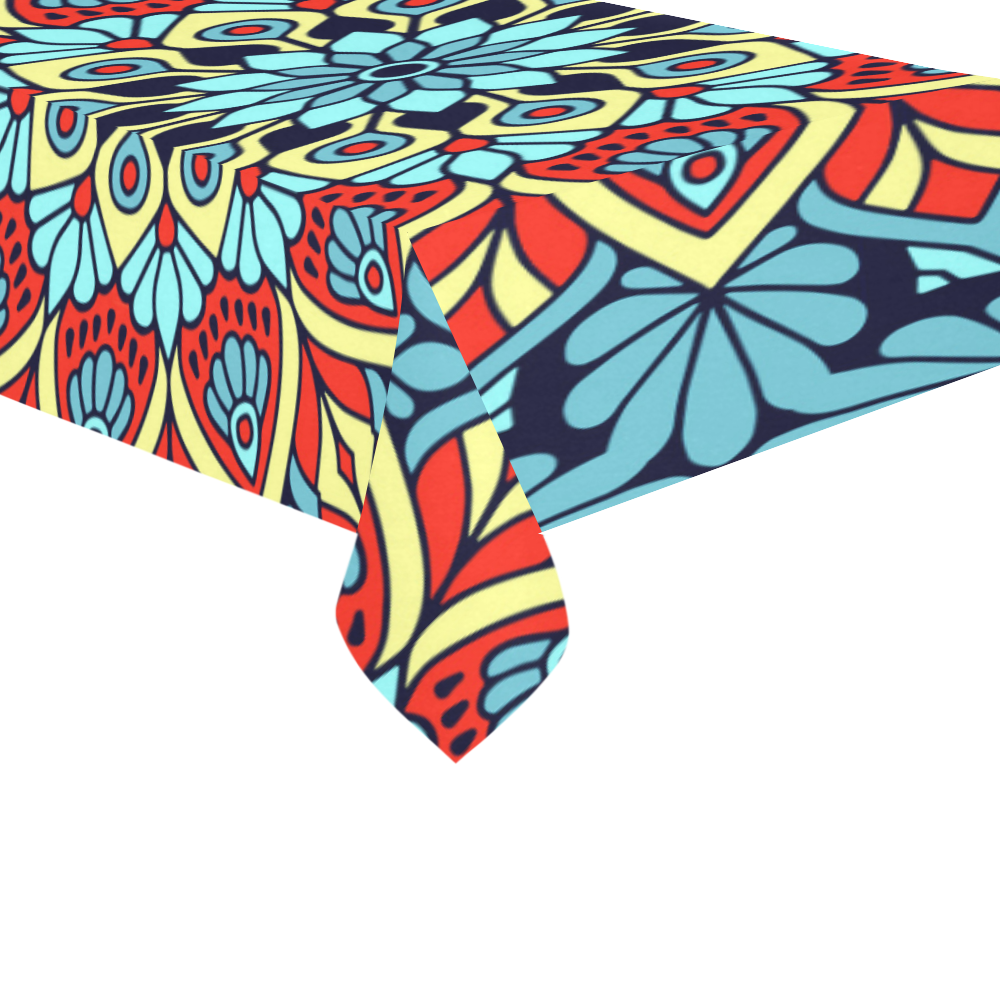 Red Yellow Blue Floral Mandala Cotton Linen Tablecloth 60"x 104"