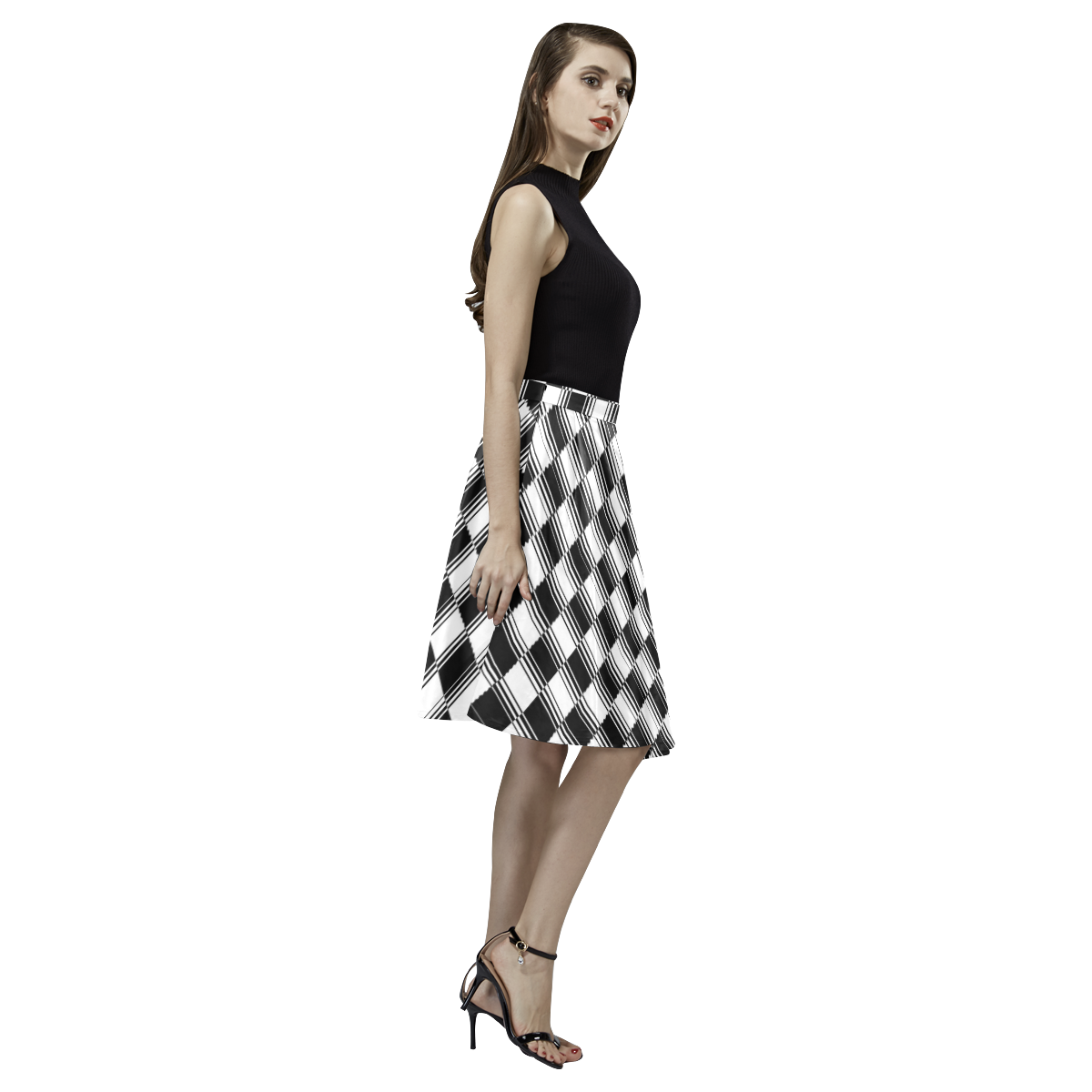 BLACK AND WHITE TILED Melete Pleated Midi Skirt (Model D15)