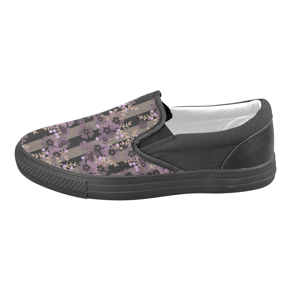 Floral striped brown violet Men's Unusual Slip-on Canvas Shoes (Model 019)