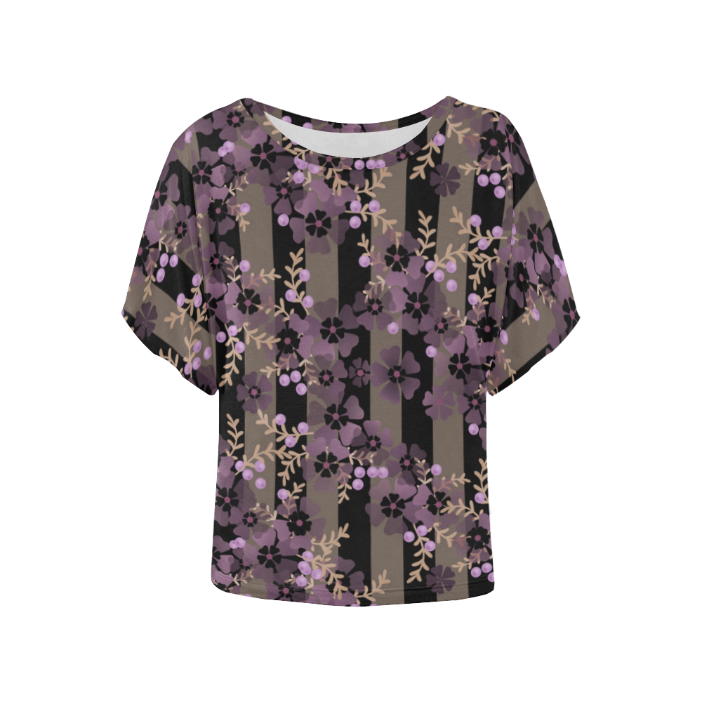 Floral striped brown violet Women's Batwing-Sleeved Blouse T shirt (Model T44)