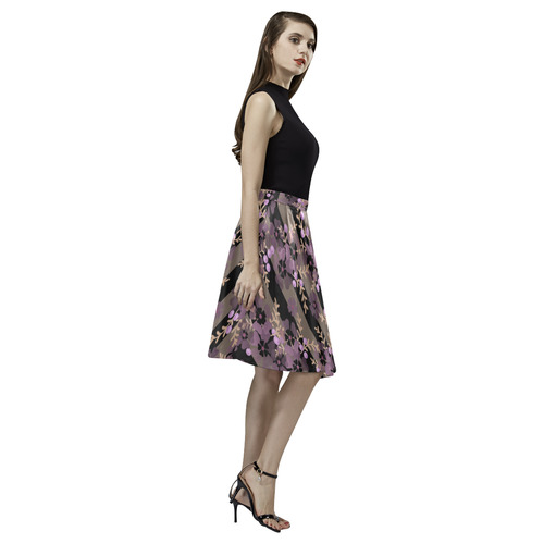 Floral striped brown violet Melete Pleated Midi Skirt (Model D15)