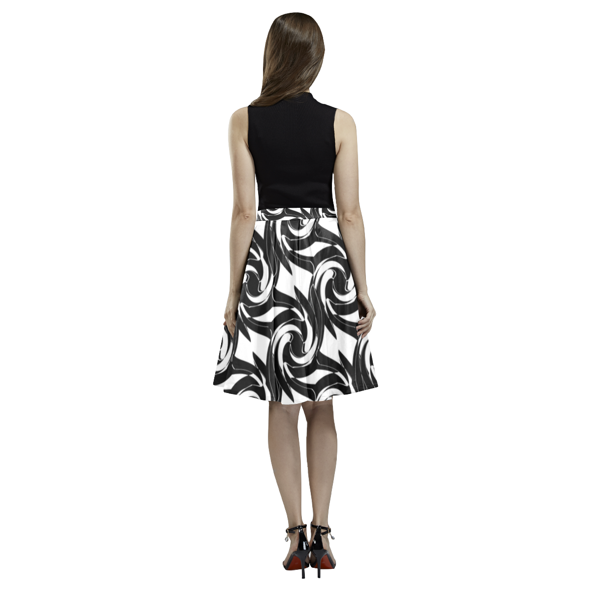 Black and white abstract pattern Melete Pleated Midi Skirt (Model D15)