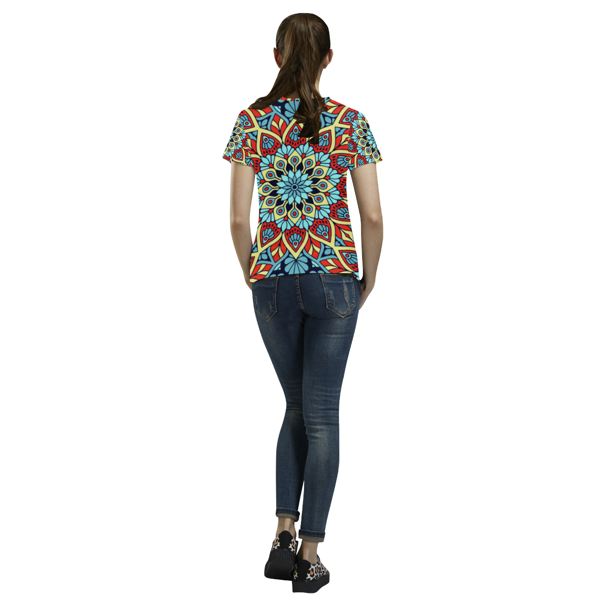 Red Yellow Blue Floral Mandala All Over Print T-Shirt for Women (USA Size) (Model T40)