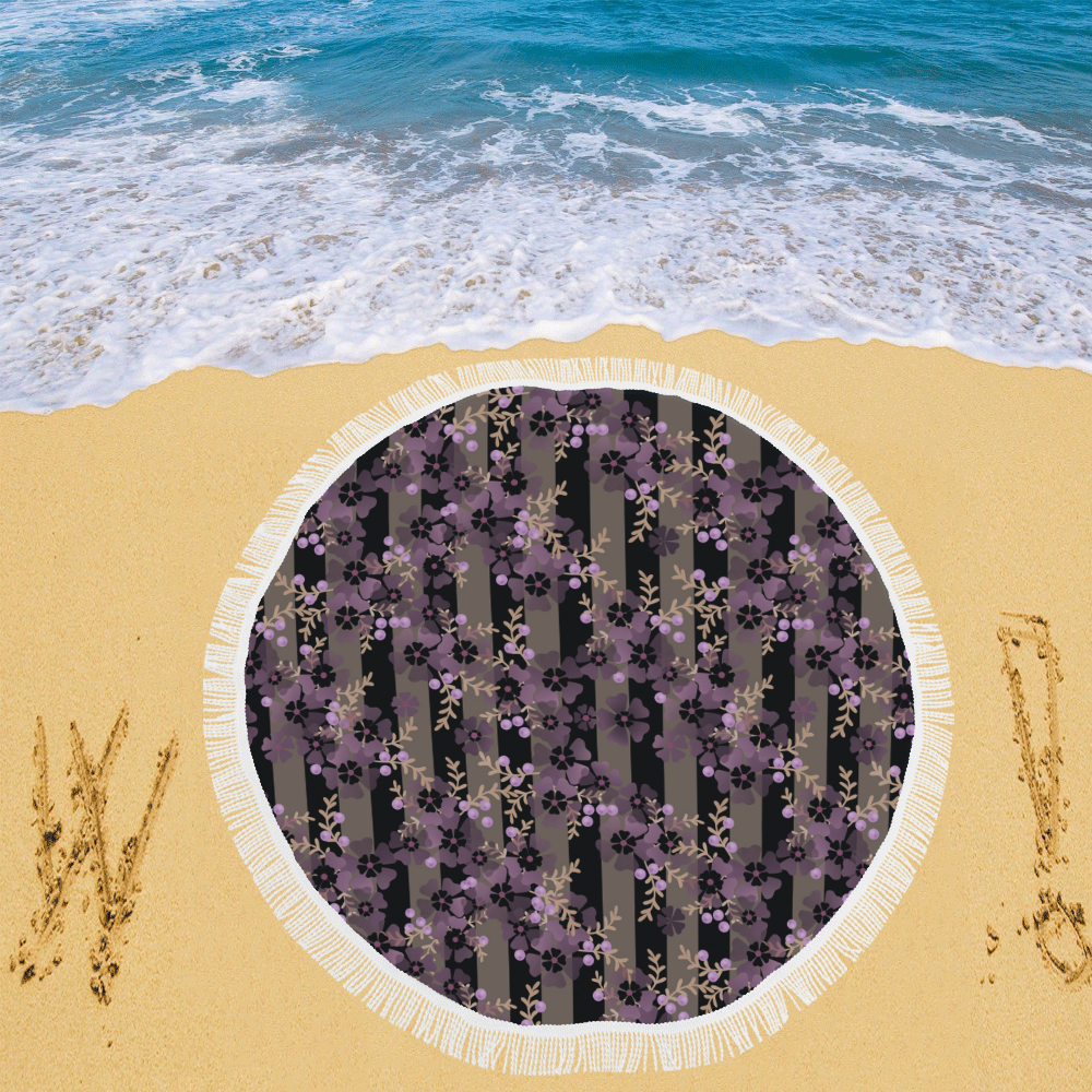 Floral striped brown violet Circular Beach Shawl 59"x 59"