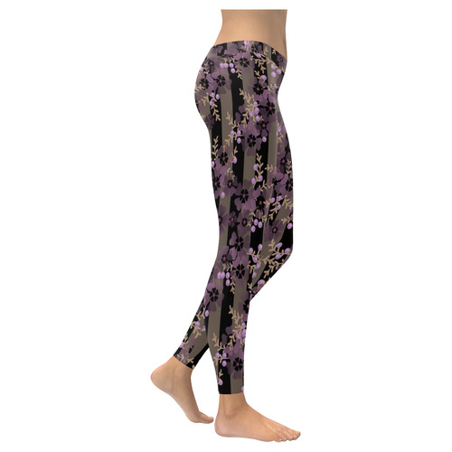 Floral striped brown violet Women's Low Rise Leggings (Invisible Stitch) (Model L05)