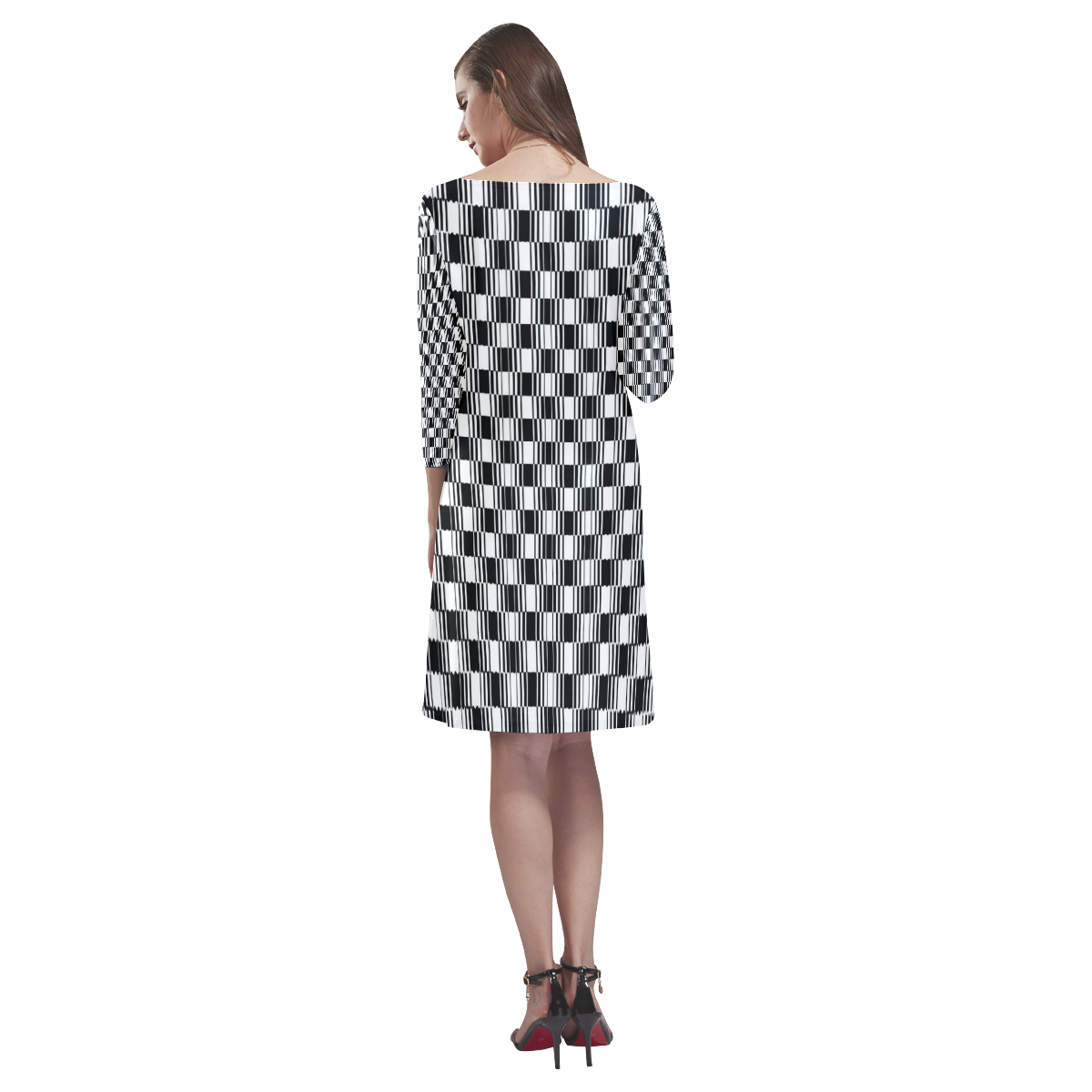 BLACK AND WHITE TILED Rhea Loose Round Neck Dress(Model D22)