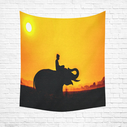 Elephant Ride Sunset Silhouette Cotton Linen Wall Tapestry 51"x 60"