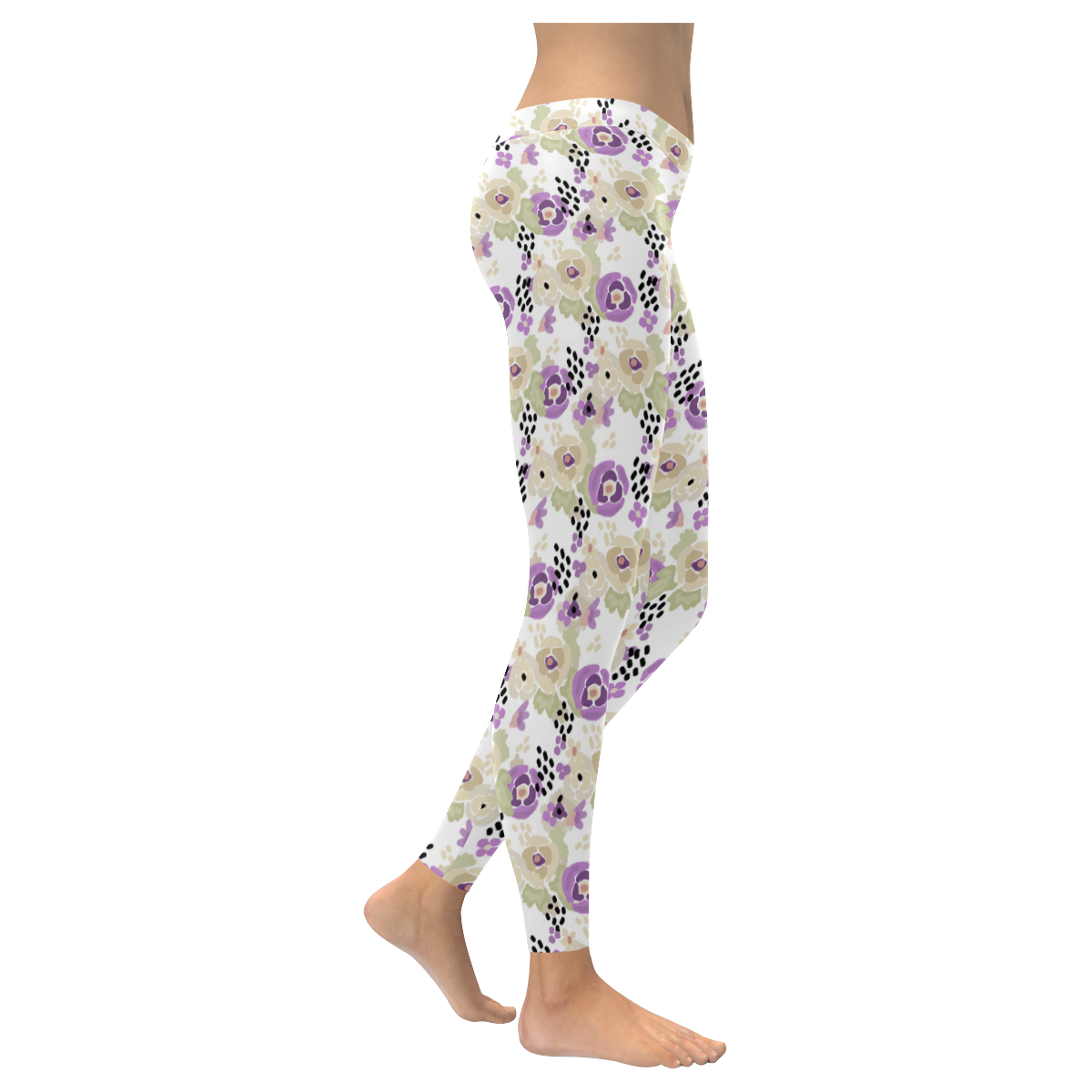 Floral purple beige green Women's Low Rise Leggings (Invisible Stitch) (Model L05)