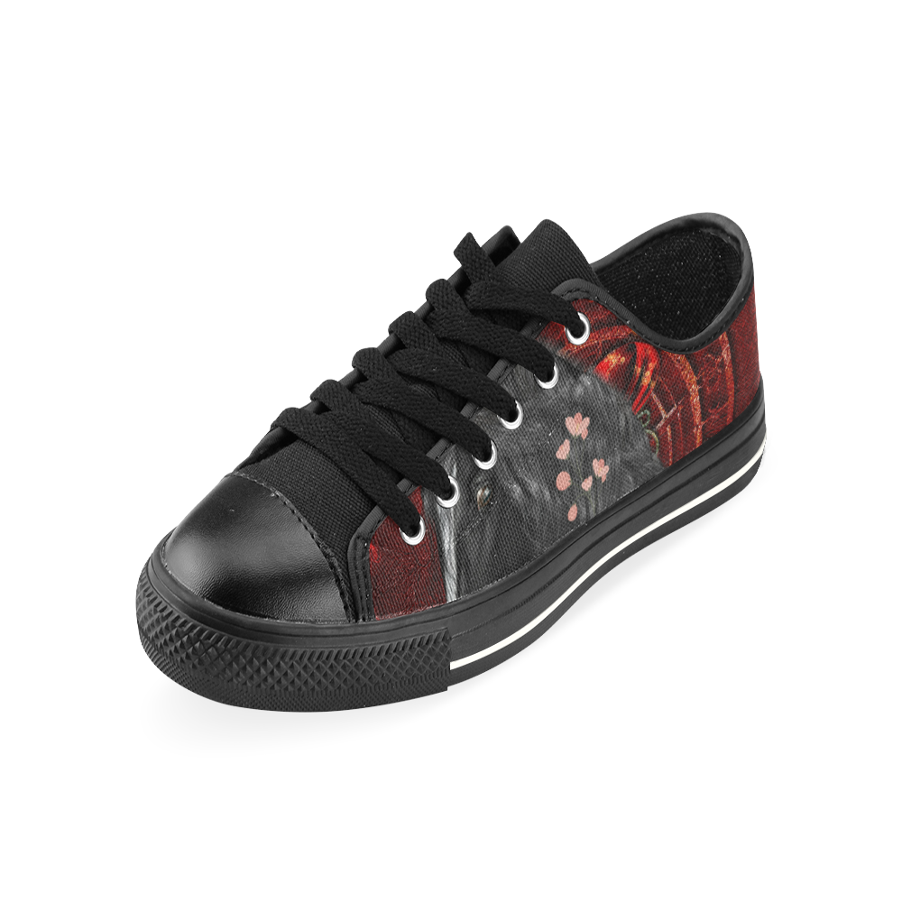 Black horse with flowers Canvas Women's Shoes/Large Size (Model 018)