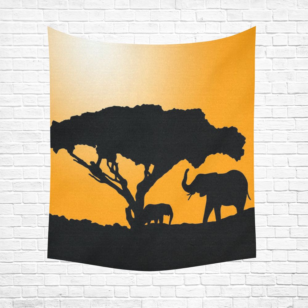 African Elephants Sunset Silhouette Cotton Linen Wall Tapestry 51"x 60"