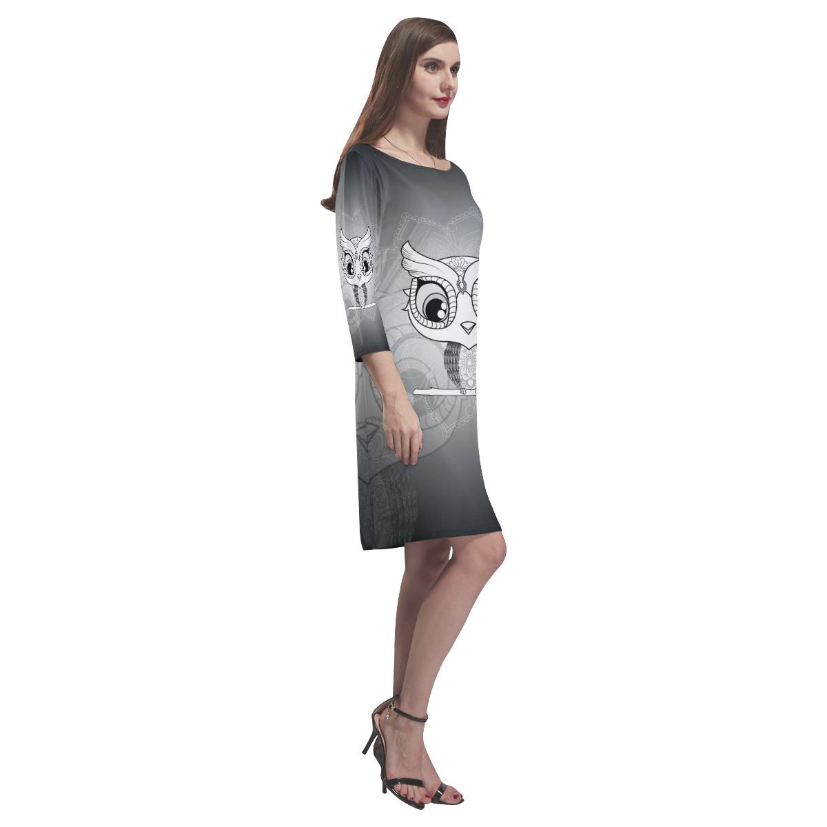 Cute owl, mandala design black and white Rhea Loose Round Neck Dress(Model D22)