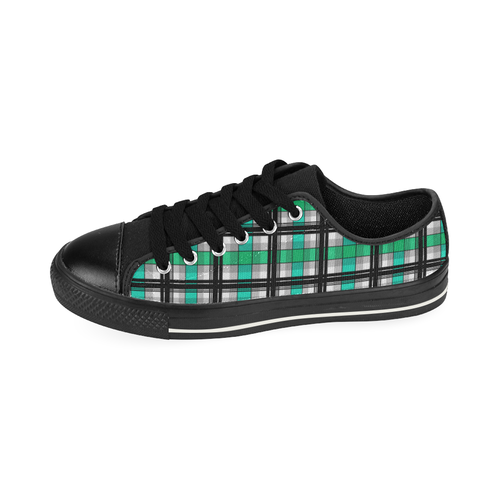 Plaid tartan green , Teal , black Low Top Canvas Shoes for Kid (Model 018)