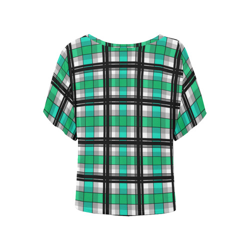 Plaid tartan green , Teal , black Women's Batwing-Sleeved Blouse T shirt (Model T44)