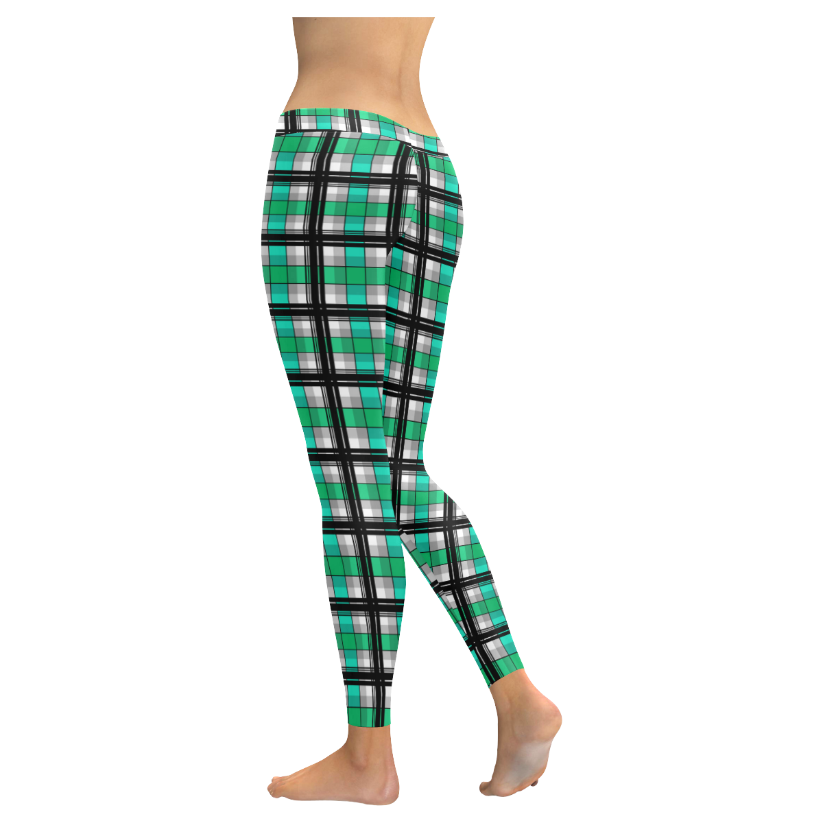 Plaid tartan green , Teal , black Women's Low Rise Leggings (Invisible Stitch) (Model L05)