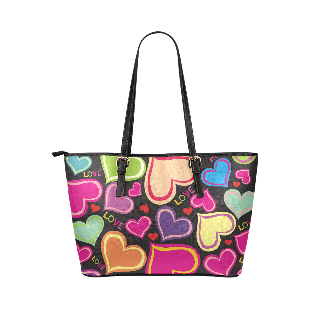 BLACK COLORFUL HEARTS Leather Tote Bag/Small (Model 1651)