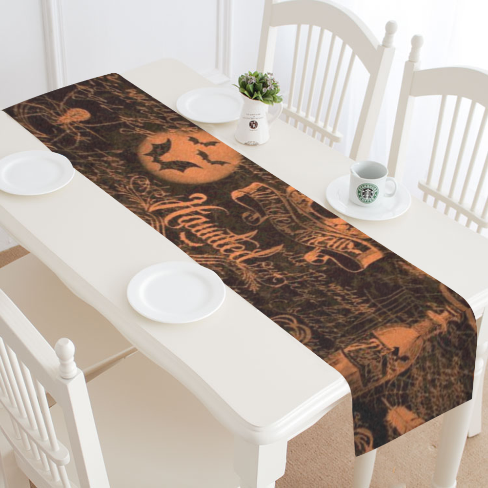 Black & Orange Haunted Halloween 2 Table Runner 16x72 inch