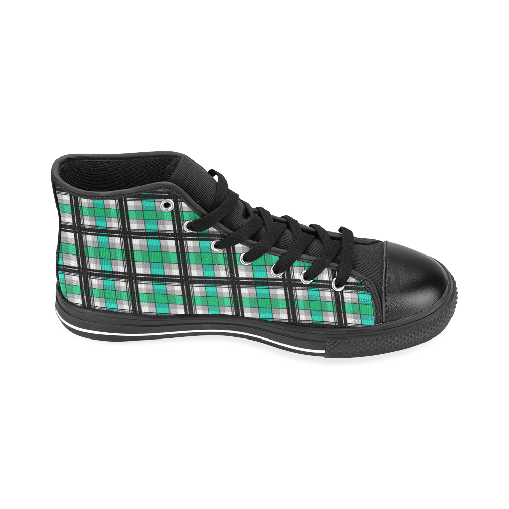 Plaid tartan green , Teal , black High Top Canvas Shoes for Kid (Model 017)