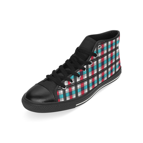 Plaid tartan red blue black High Top Canvas Shoes for Kid (Model 017)