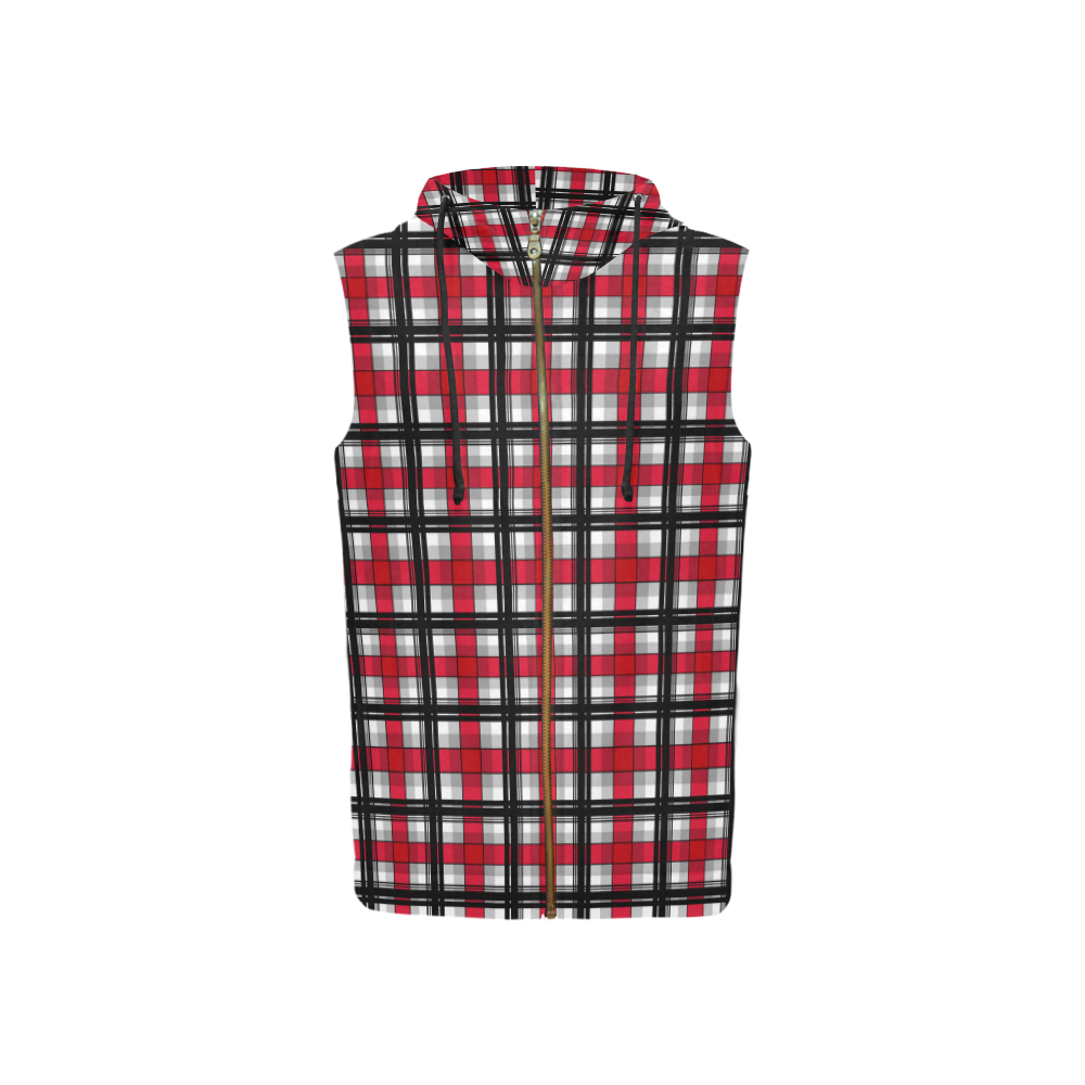 Plaid tartan red black All Over Print Sleeveless Zip Up Hoodie for Women (Model H16)