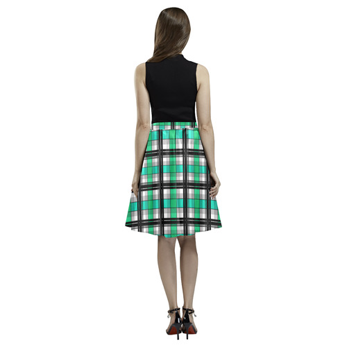 Plaid tartan green , Teal , black Melete Pleated Midi Skirt (Model D15)