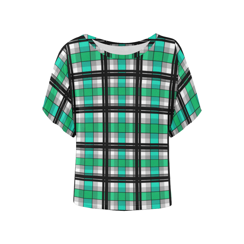 Plaid tartan green , Teal , black Women's Batwing-Sleeved Blouse T shirt (Model T44)