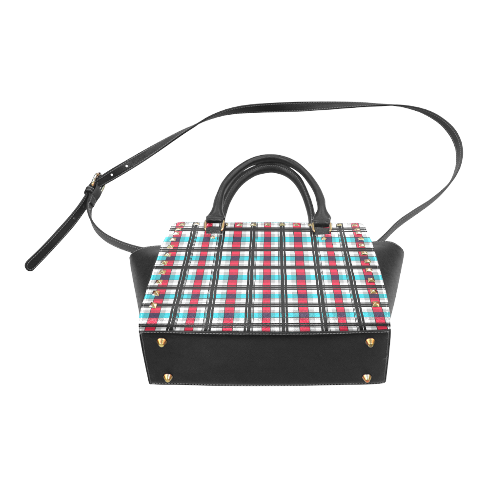 Plaid tartan red blue black Rivet Shoulder Handbag (Model 1645)