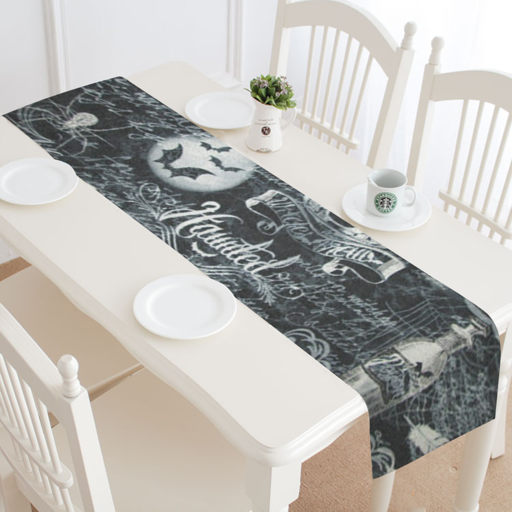 Black & White Haunted Halloween 2 Table Runner 16x72 inch