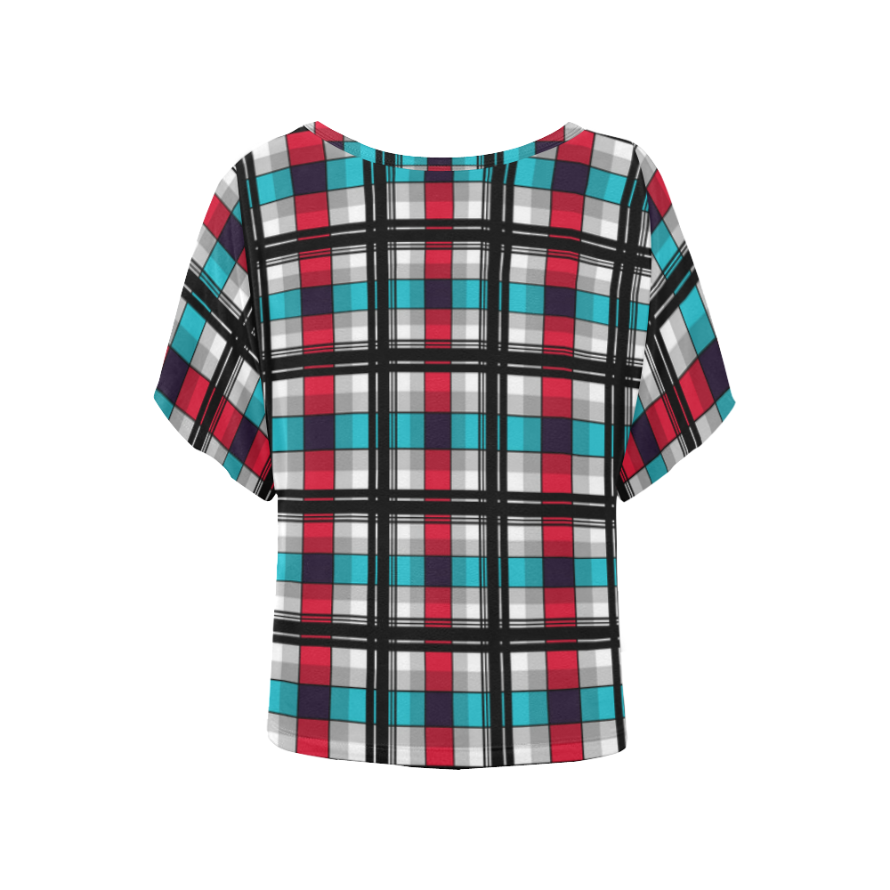 Plaid tartan red blue black Women's Batwing-Sleeved Blouse T shirt (Model T44)