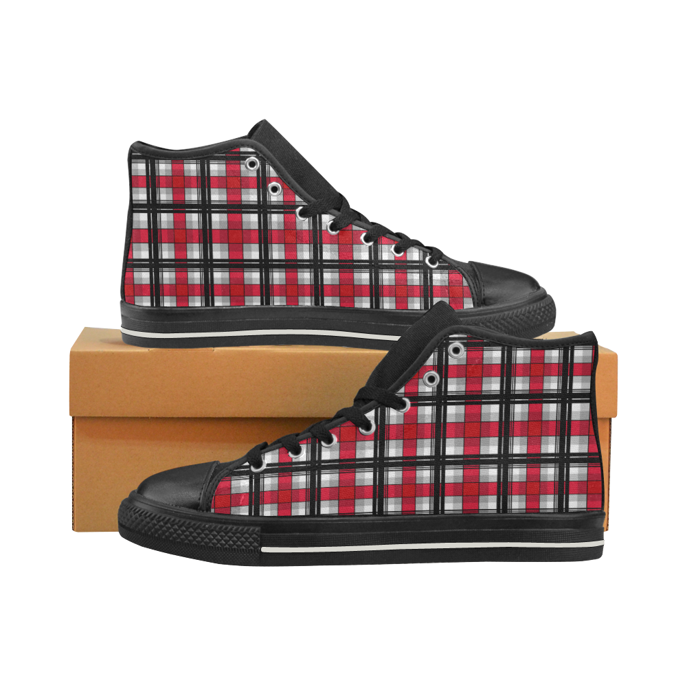 Plaid tartan red black High Top Canvas Shoes for Kid (Model 017)