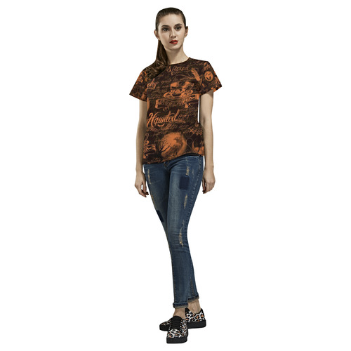 Black & Orange Haunted Halloween All Over Print T-Shirt for Women (USA Size) (Model T40)