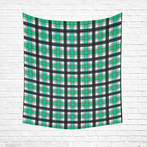 Plaid tartan green , Teal , black Cotton Linen Wall Tapestry 51"x 60"