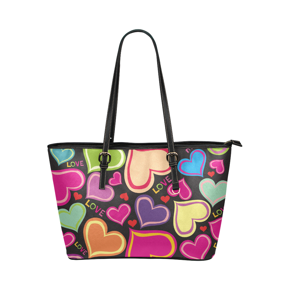 BLACK COLORFUL HEARTS Leather Tote Bag/Small (Model 1651)