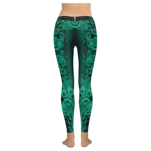 rose 2 teal Women's Low Rise Leggings (Invisible Stitch) (Model L05)