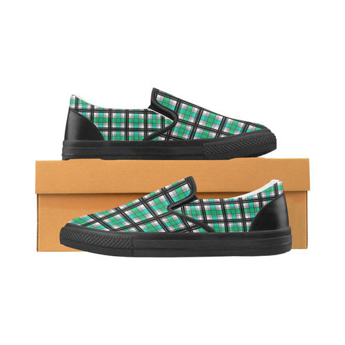 Plaid tartan green , Teal , black Men's Slip-on Canvas Shoes (Model 019)