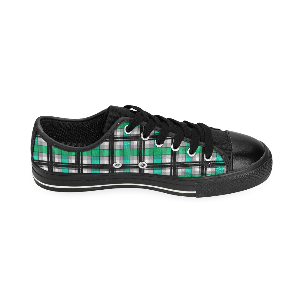 Plaid tartan green , Teal , black Low Top Canvas Shoes for Kid (Model 018)