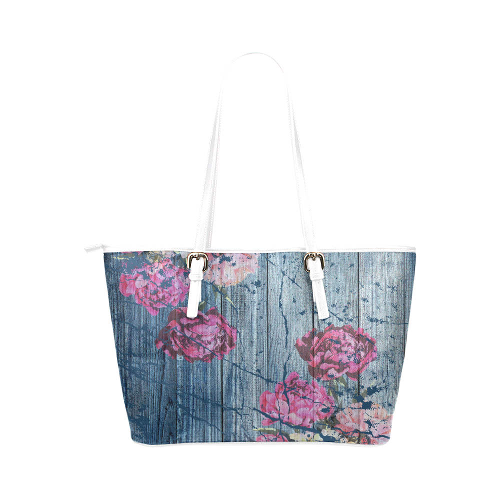 Shabby chic with painted peonies Leather Tote Bag/Small (Model 1651)