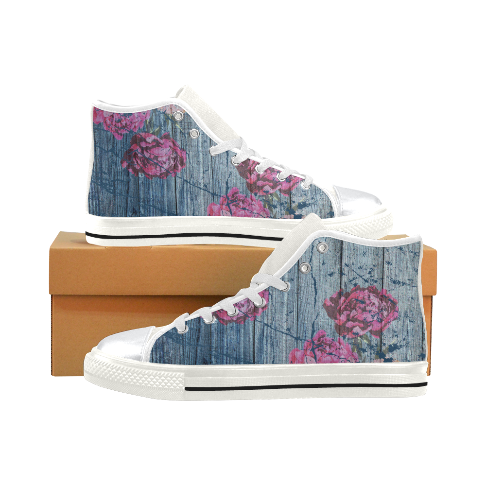 Shabby chic with painted peonies High Top Canvas Women's Shoes/Large Size (Model 017)