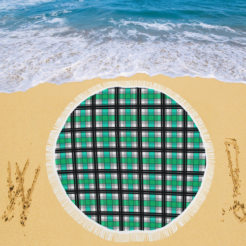 Plaid tartan green , Teal , black Circular Beach Shawl 59"x 59"