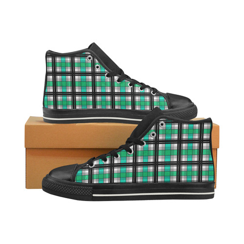 Plaid tartan green , Teal , black High Top Canvas Shoes for Kid (Model 017)