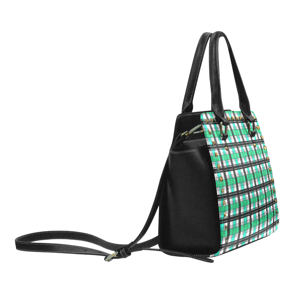 Plaid tartan green , Teal , black Rivet Shoulder Handbag (Model 1645)